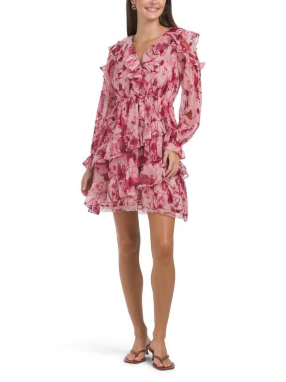 MARCHESA ROSA Pleated Long Sleeve Chiffon Mini Dress